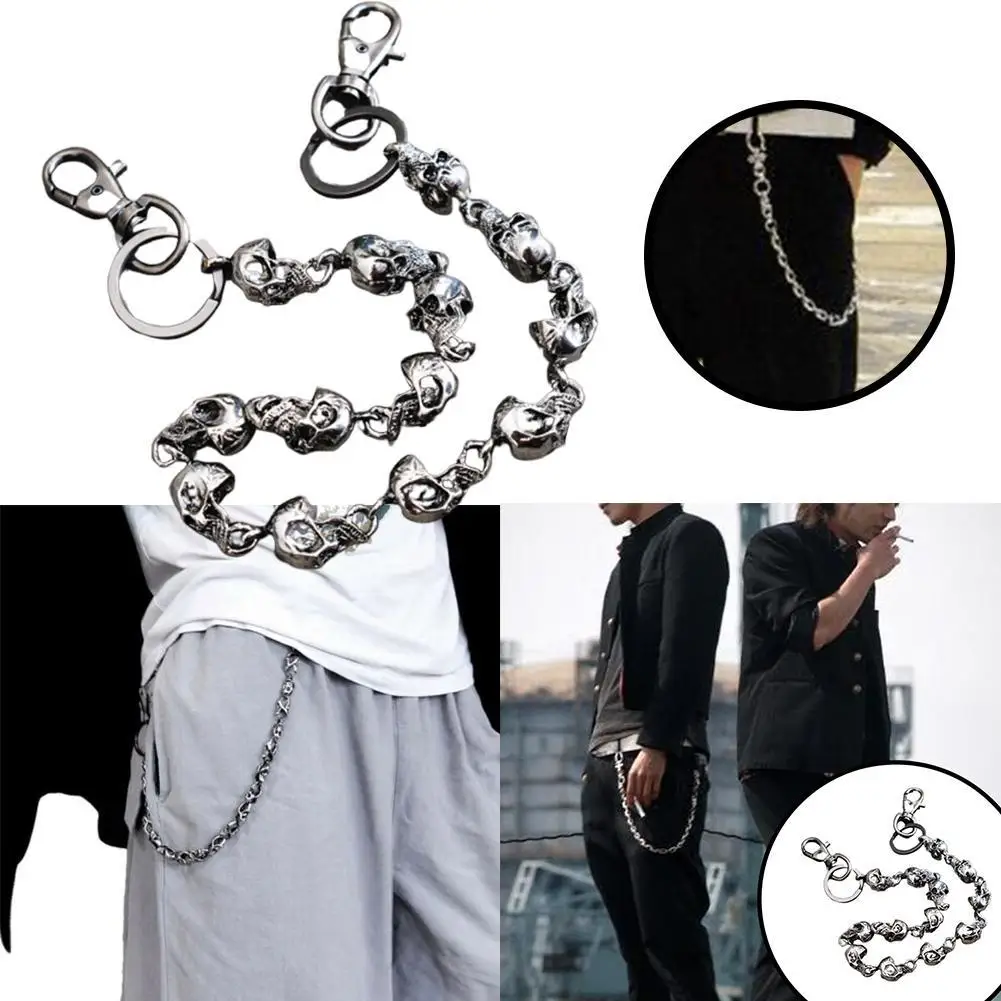 1pc 59cm Men Waist Key Chain Skull Head Metal Vintage Jeans Hip Hop Punk Key Chain Fashion Biker Pants Skeleton Trousers Jewelry