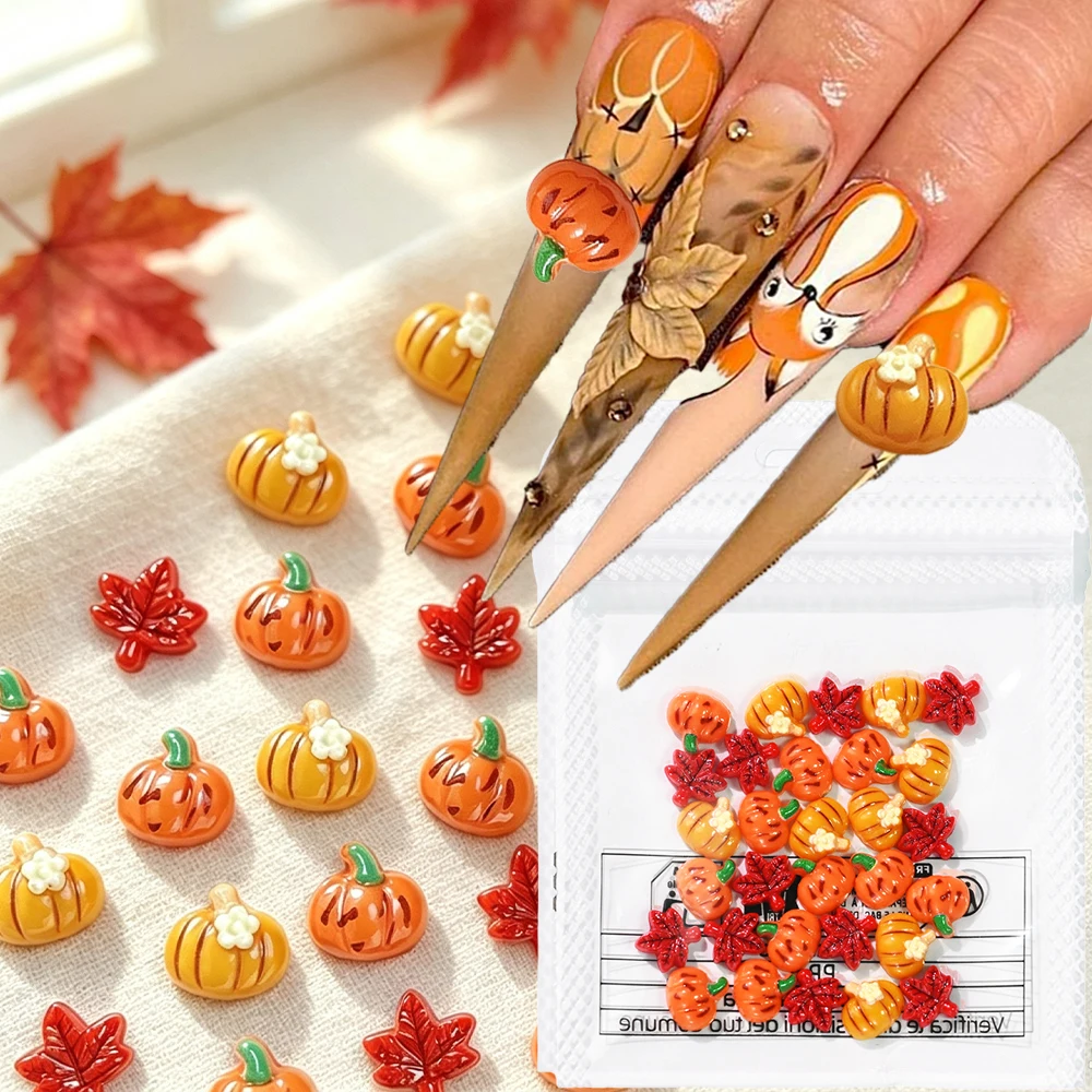 30Pcs Kawaii Cartoon Pumpkin & Maple Leaves Nail Charms 3D Resin Halloween Autumn Pumpkin Nail Rhinestone DIY Manicure Nail Deco