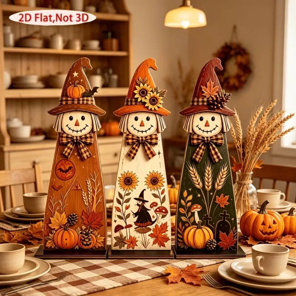 2D Flat Fall Scarecrow Wooden Sign Pumpkin Maple Autumn Themed Holiday Scarecrow Craft Set Vintage Stand-Base