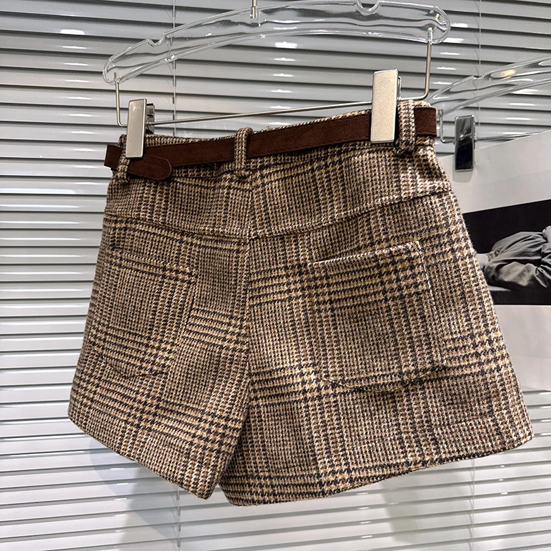 2025 outono inverno novo retro xadrez cor bloqueando casual com cinto moda versátil shorts botas calças para mulher