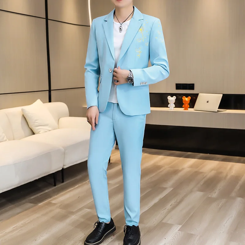 

Light Blue Mens Fashion Suits Social Wedding Party Wear White Green 2 Piece Slim Fit Suits Blazers Pants Set Man Stage Clothes