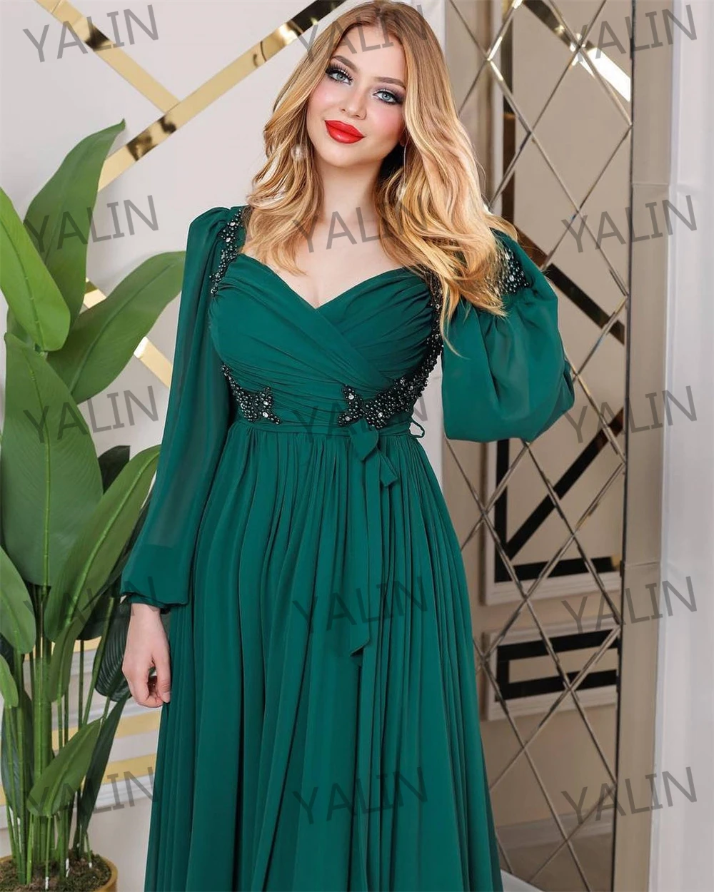 CustomizedLong Sleeve A-line Illusion Sweetheart Neck Prom Gown Chiffon Lace High Slit Pleat Evening Dresses for Women فساتين ال