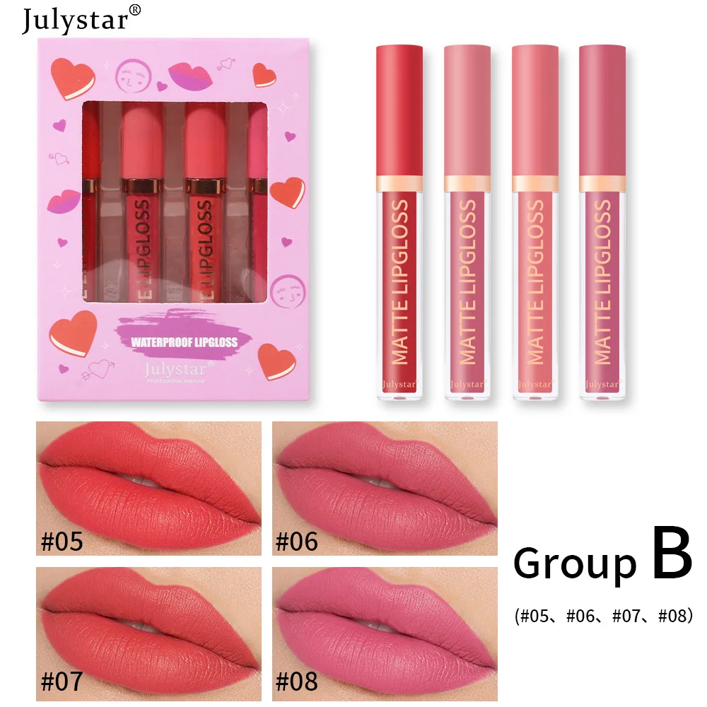 Julystar 4pcs/box Lipstick Set Matte Lip Glaze Multicolor Lip Makeup Women Cosmetic Lasting Non Fading Daily Cosmetics