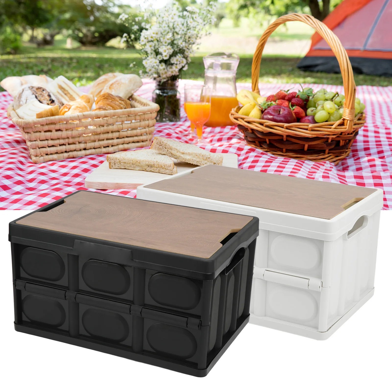 30L Outdoor Multifunctional Folding Storage Box Thicken Removable Portable Storage Box with Wooden Panel for Outdoor Storage Box