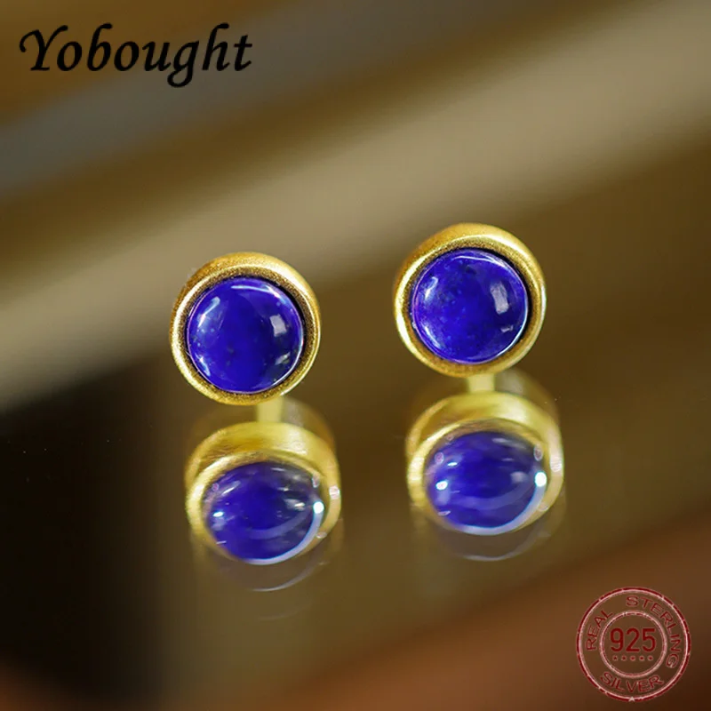 

S925 Серебряные простые круглые серьги из натурального лазурита, женские ювелирные изделия в европейском и американском стиле в стиле ретро