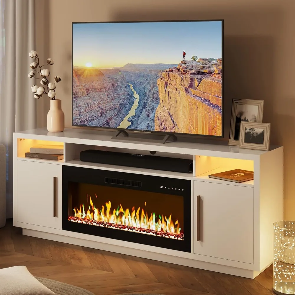 70-Zoll-Kamin-TV-Ständer für Fernseher bis zu 75 Zoll, LED-Licht-Entertainment-Center mit 36-Zoll-elektrischer Kaminheizung, Aufbewahrungsschrank