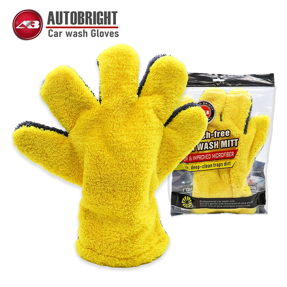 

AUTOBRIGHT Big Yellow Mitt Five Fingers Microfiber Car Wash Glove Non Scratch High Absorbency Detailing Cleaning Glove Wash Tool