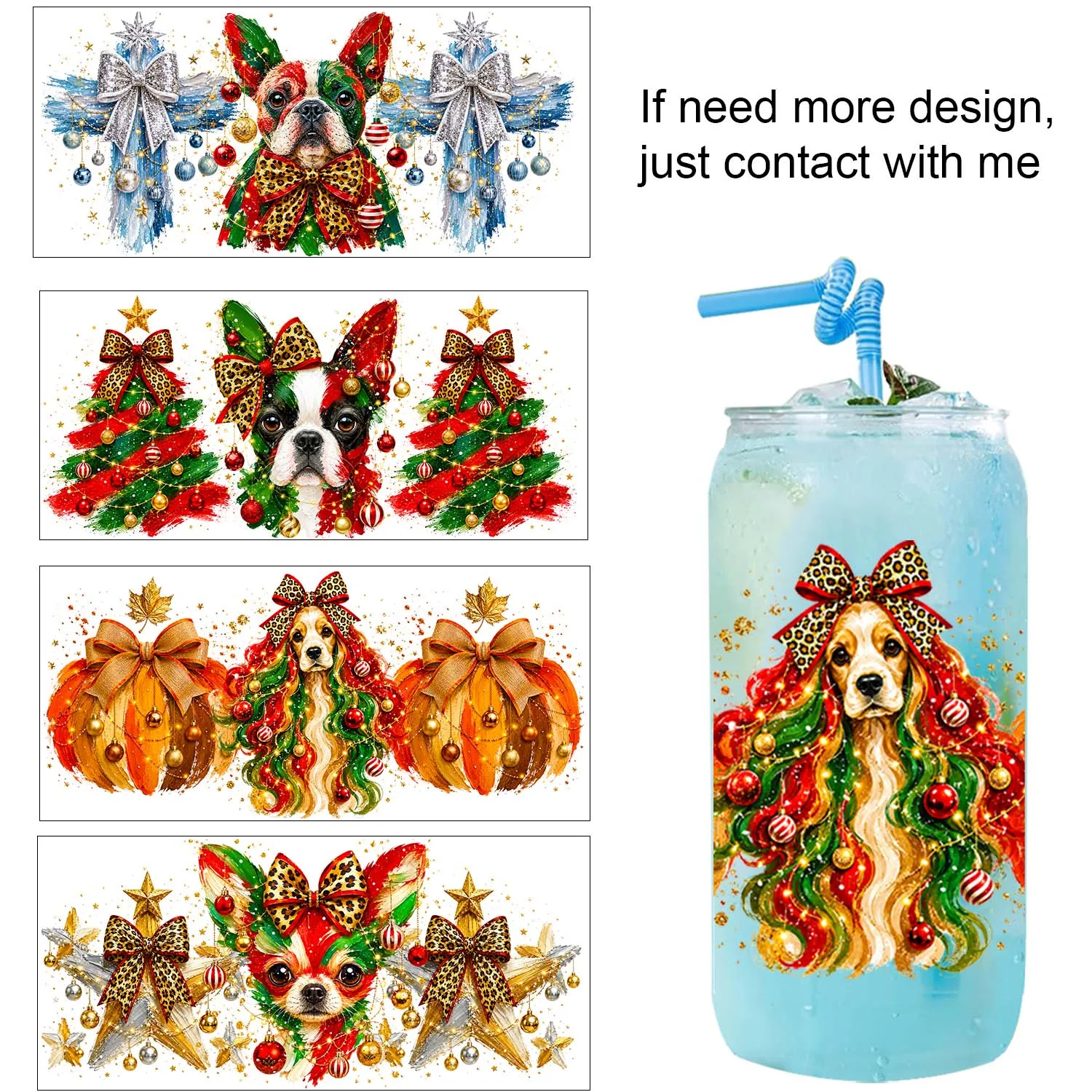 Happy Christmas Cute Puppy theme Uvdtf Sticker waterproof DIY Decals 3D transfers uvdtf tumbler stickers 16oz uv dtf cup wraps