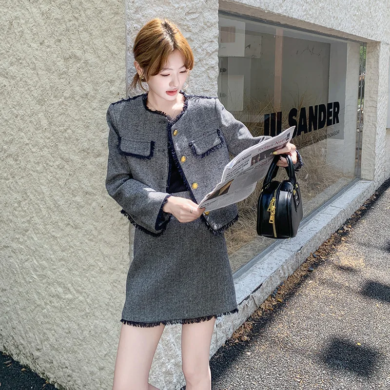 Autumn New Temperament High Sense Round Neck Coat and A-line Short Skirt Two Piece Sets Womens Commuter Elegant Set