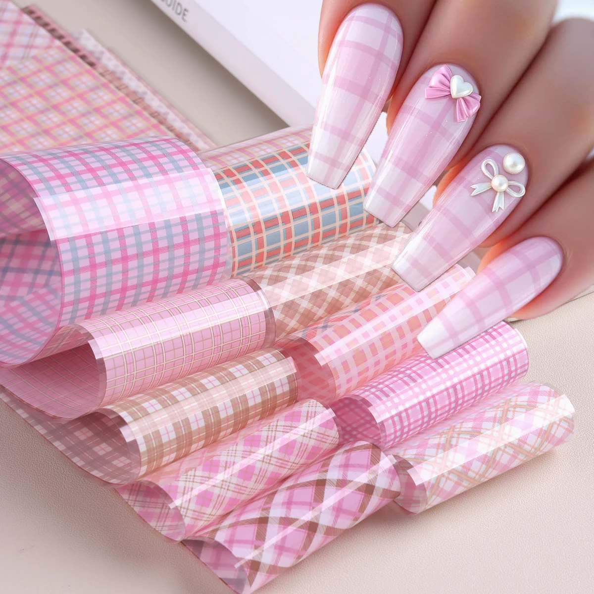Papel de transferencia de uñas a cuadros rosa, lindo cinta estilo Kawaii INS impresa, juego mixto de 10 colores de cuadros geométricos para decoración de uñas