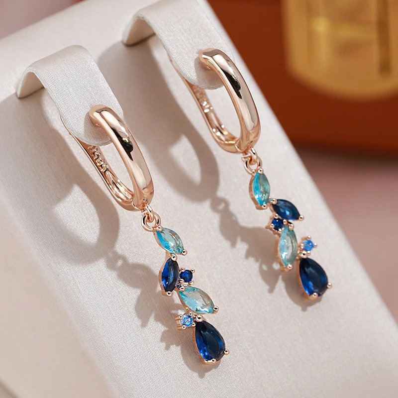 

JULYDREAM Elegant Dark Light Blue Zircon Tassel Dangle Earrings for Women 585 Gold Color Luxury Jewelry Wedding Accessories