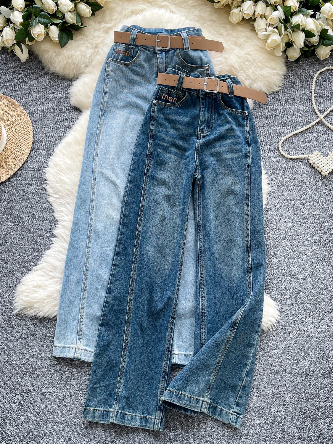 

Синие джинсы в стиле ретро, женские летние новые прямые брюки с поясом, облегающие повседневные универсальные брюки для девочек, модные широкие брюки с высокой талией...