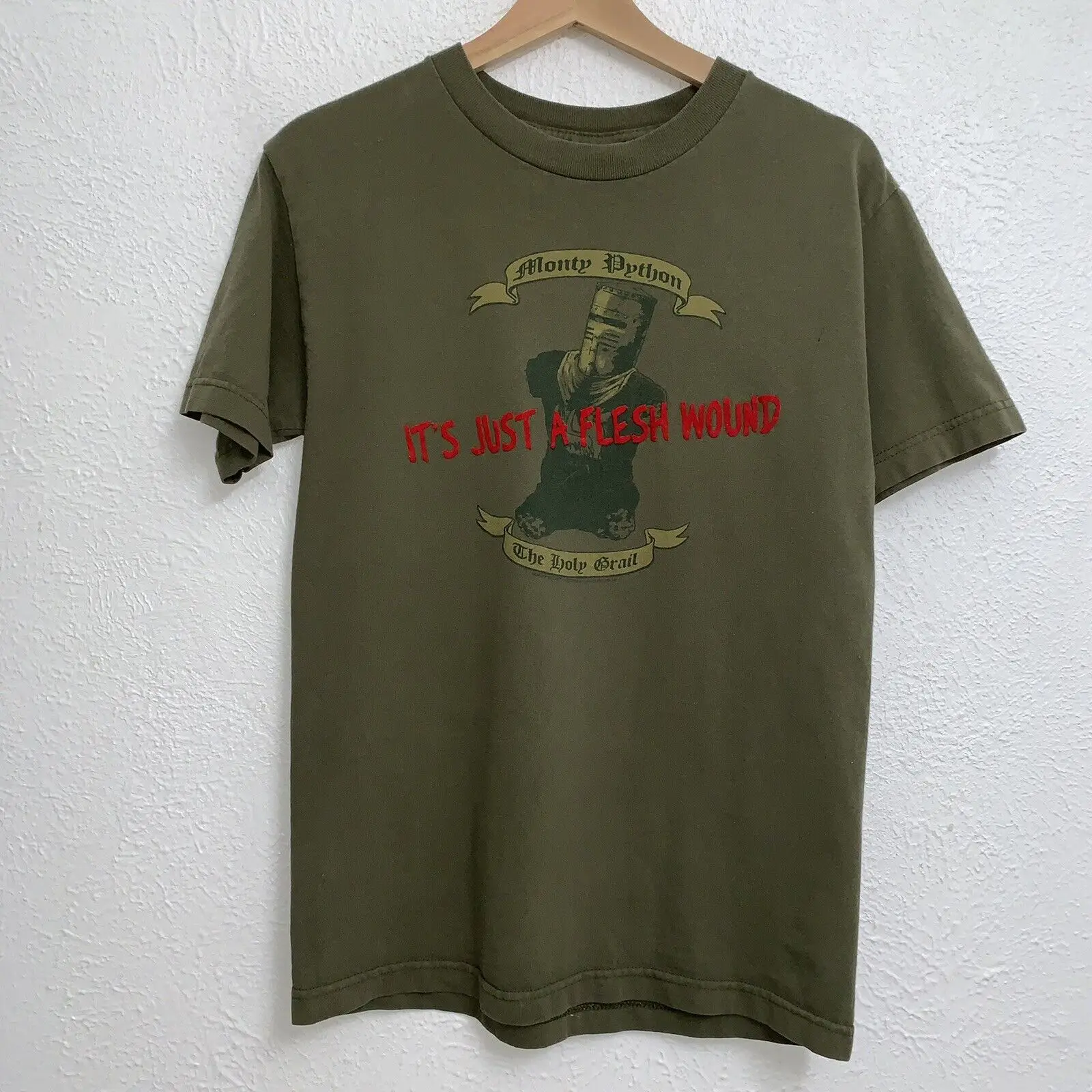 Distressed Monty Python Flesh Wound 2005 Tee Green T-Shirt Short Sleeve Sz Small