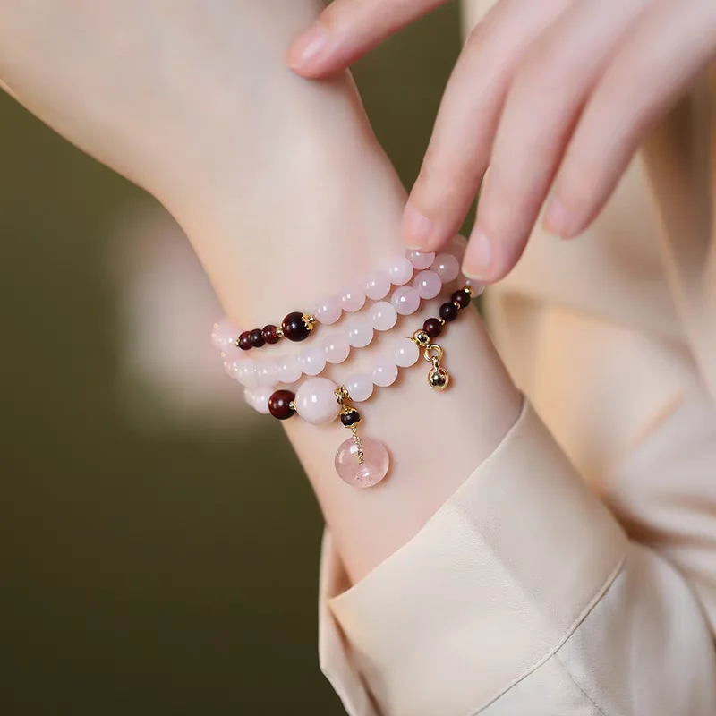 Pink Crystal Bracelet Three Circles Chinese Spring  Summer Ping An Buckle Beaded Peach Blossom Hand String Sweet Girlfriend Gift