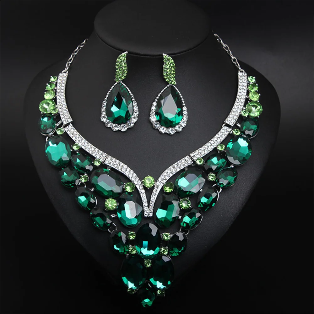 Gorgeous Multicolors Crystal Luxury Collar Necklace Drop Earring Wedding Jewelry Set Exaggerated Bridal Banquet Accessories