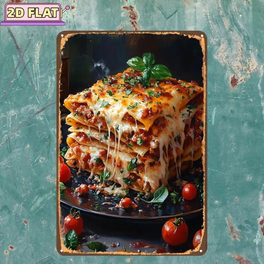 Vintage Metal Tin Sign, Italian Lasagna Food Pattern Wall Plaque, Retro Kitchen Restaurant Wall Decor, 2D Flat Printed Poster