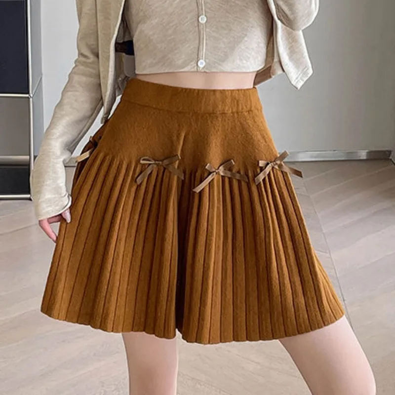 Korean Elastic Waist Bow Pleated Mini Skirt Sweet Knitted Short Dress Women Fashion Casual A-Line Anti-slip Skirts Winter Autumn