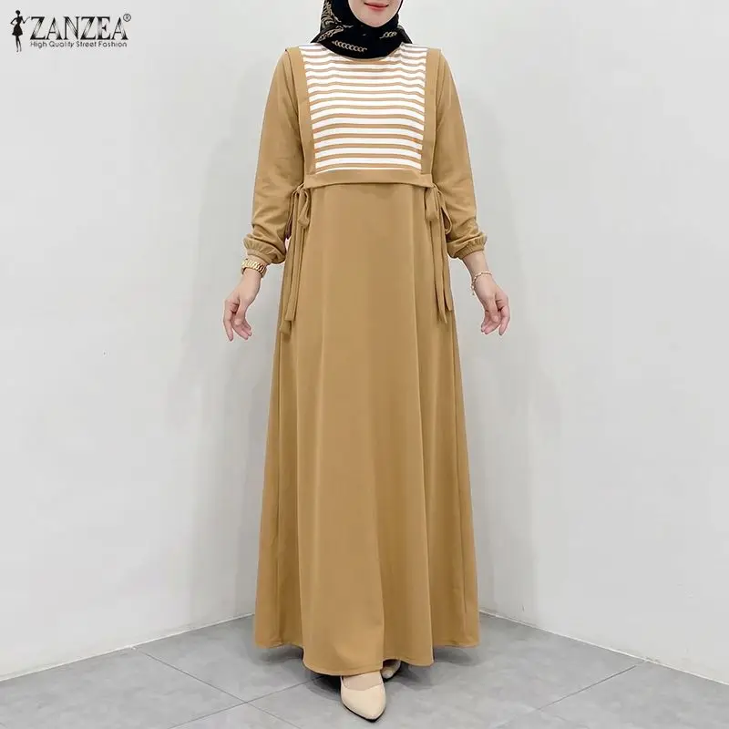 Women Striped Patchwork Muslim Dress Abaya ZANZEA Elegant Casual O Neck Long Sleeve Sundress Maxi Long Dress Dubai Robe Kaftan
