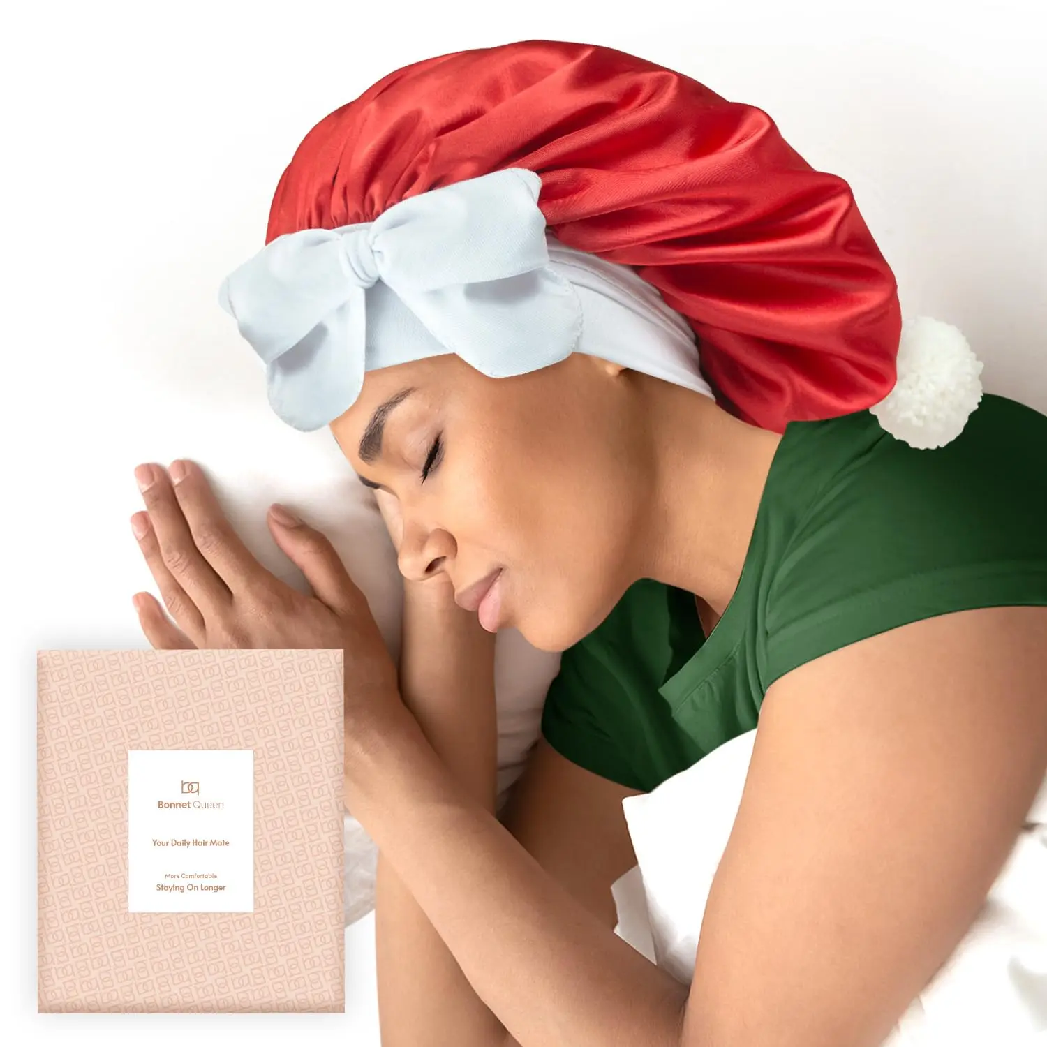 BONNET QUEEN Satin Bonnet Silk for Sleeping Women Christmas Double Layer Hair with Tie Band Wrap Night Cap Curly