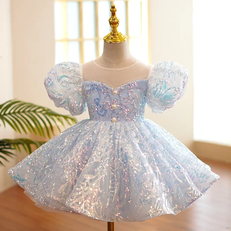 

Fashion Girl Princess Vintage Sequins Dress Puff Sleeve Infant Toddler Child Bow Vestido Party Birthday Costume Clothes 1-12Y