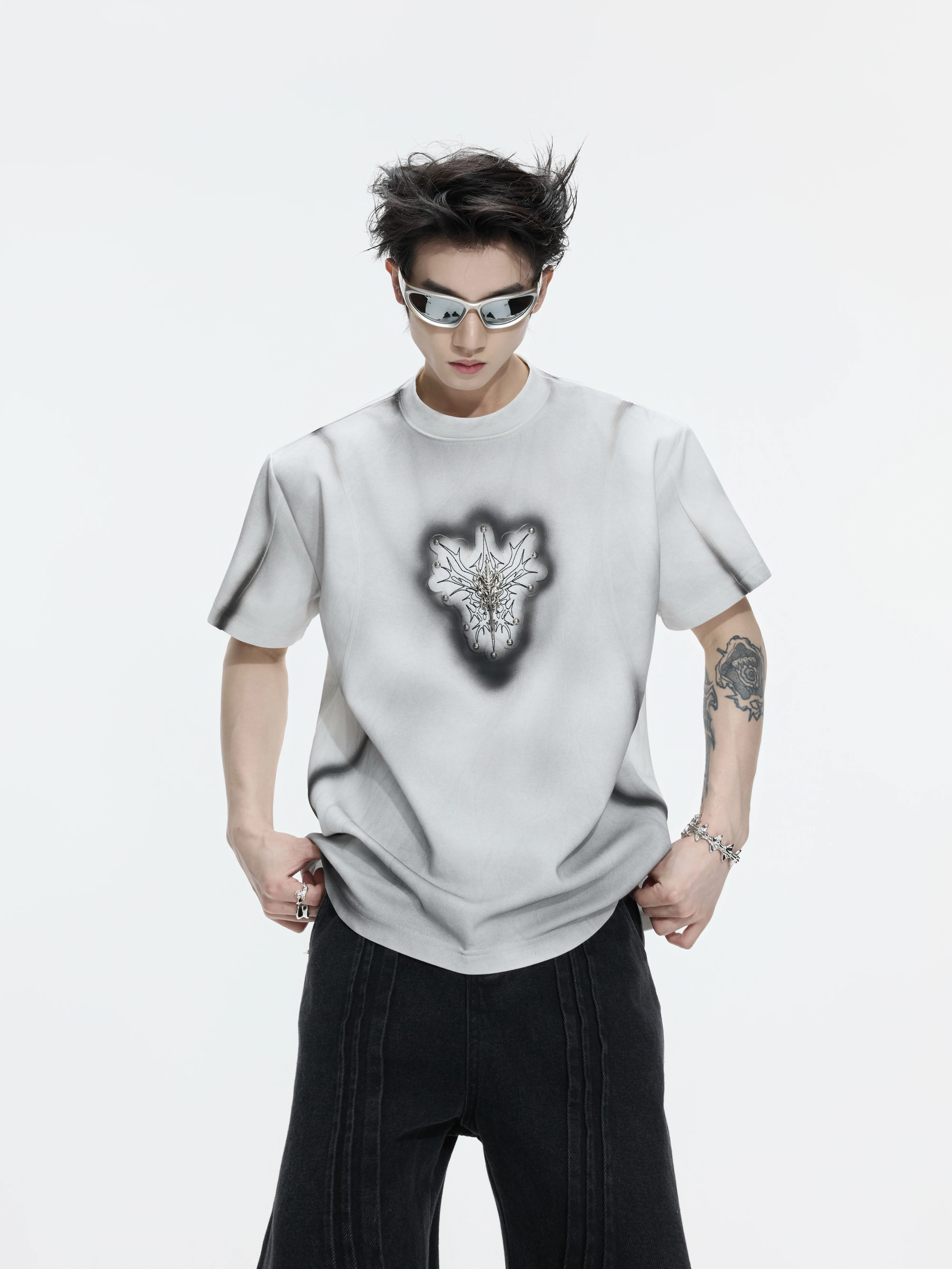 Argue Summer T-Shirt Hand-Painted Fading Spray Painting Loose Short-Sleeve round Neck Cotton Gothic Style Urban Fashion for T...