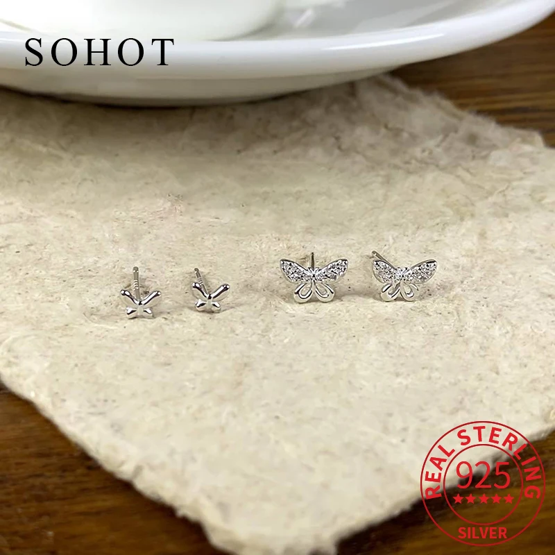 

Real 925 Sterling Silver Minimalist Hollow Zircon Butterfly Tiny Stud Earrings For Women Trendy Fine Jewelry Accessories
