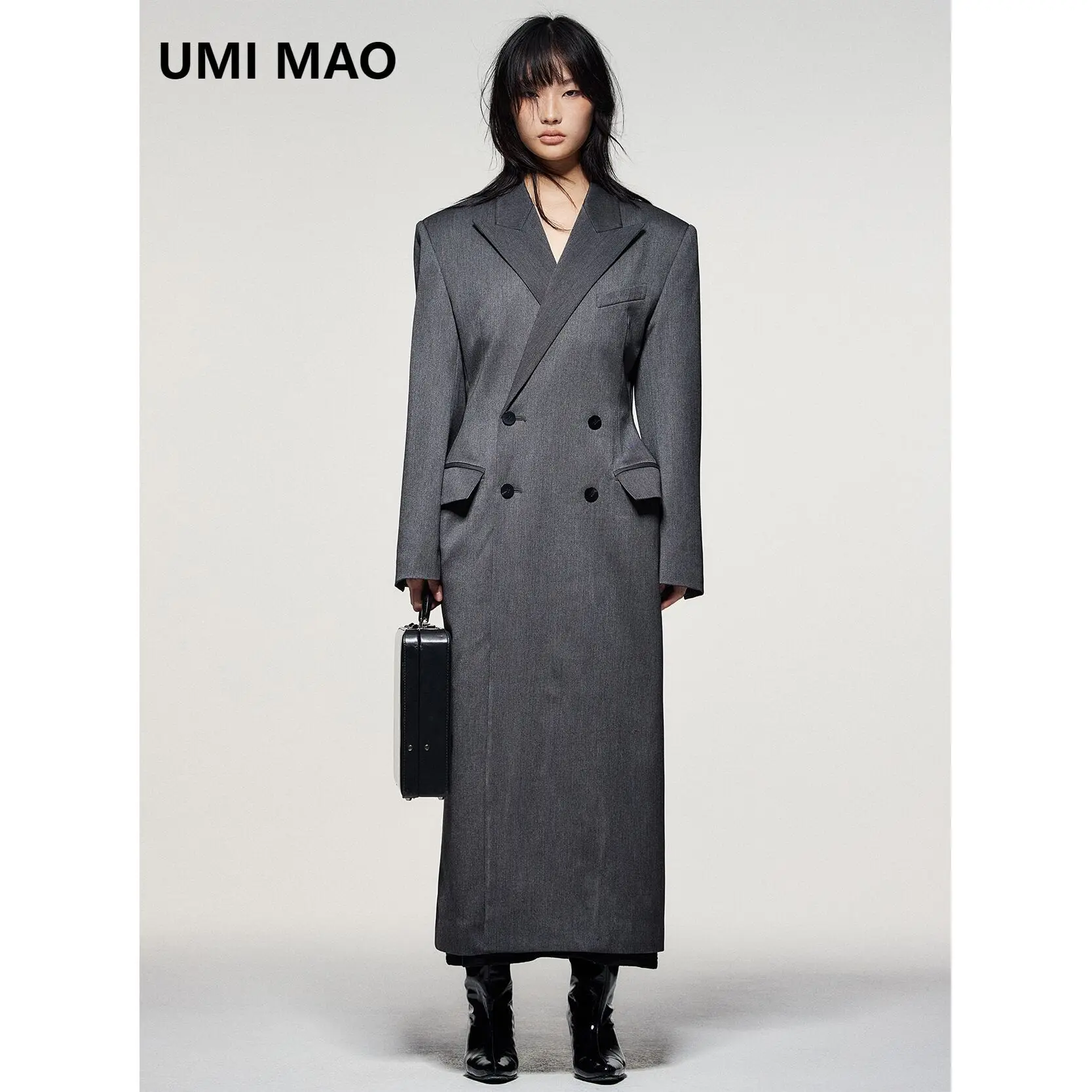 UMI MAO Wool Blend Double Breasted Coat Spring New Hourglass Knife Thread Blazers Long Sleeved Coat Jacket For Women Y2K