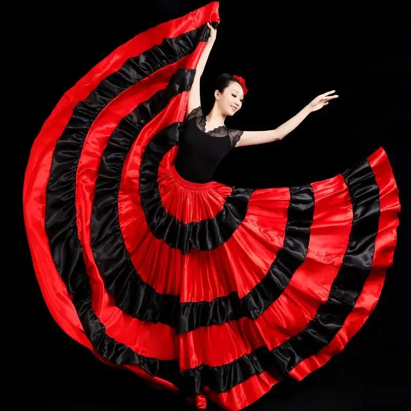 Moda Dorosły Dziecięcy Cygańska Dziewczyna Kobiety Hiszpańska Spódnica Flamenco Paski Satyna Jedwab Duża Rozkloszowana Spódnica do Tańca Brzucha Czerwona Spódnica Występ Zespołowy