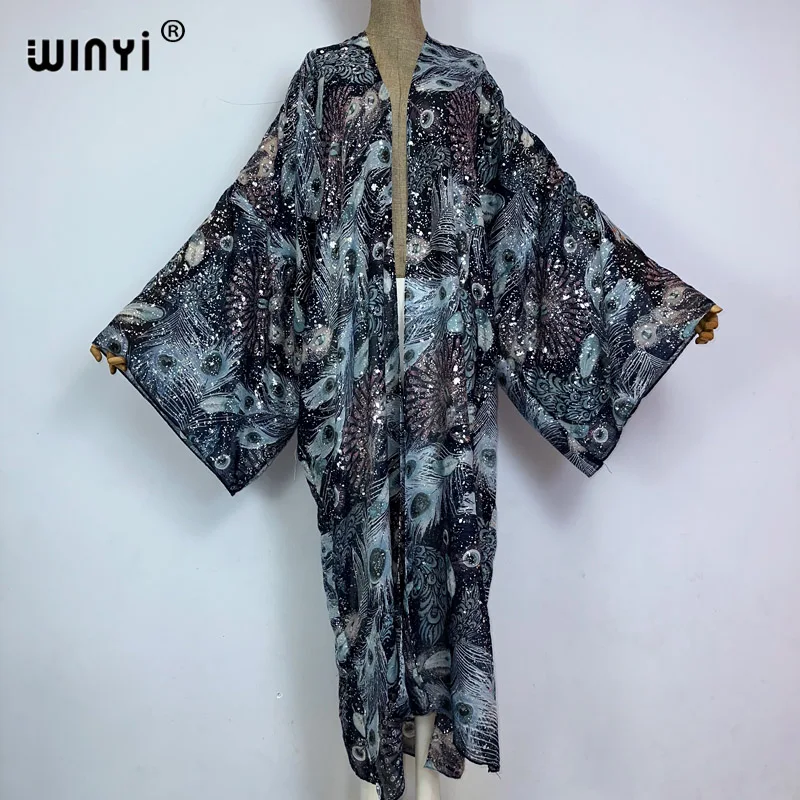 WINYI Africa z nadrukiem rozlanego atramentu brązujący nadruk z piór kobiety luźna sukienka impreza Boho Maxi wakacje na plaży futerał do pływania się Kimono