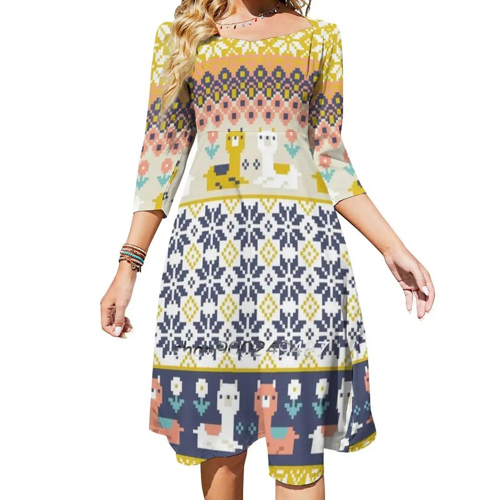 Alpaca Christmas Sweater Pattern Sweetheart Knot Flared Dress Fashion Design Large Size Loose Dress Alpaca Christmas Sweater