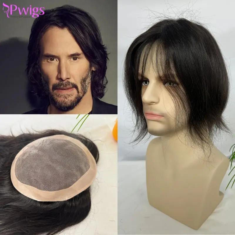 Pwigs Mono Base with PU Men's Toupee 100% Indian Human Hair System Npu 8x6 inch Base Size Toupee for Men Natural Black Hair