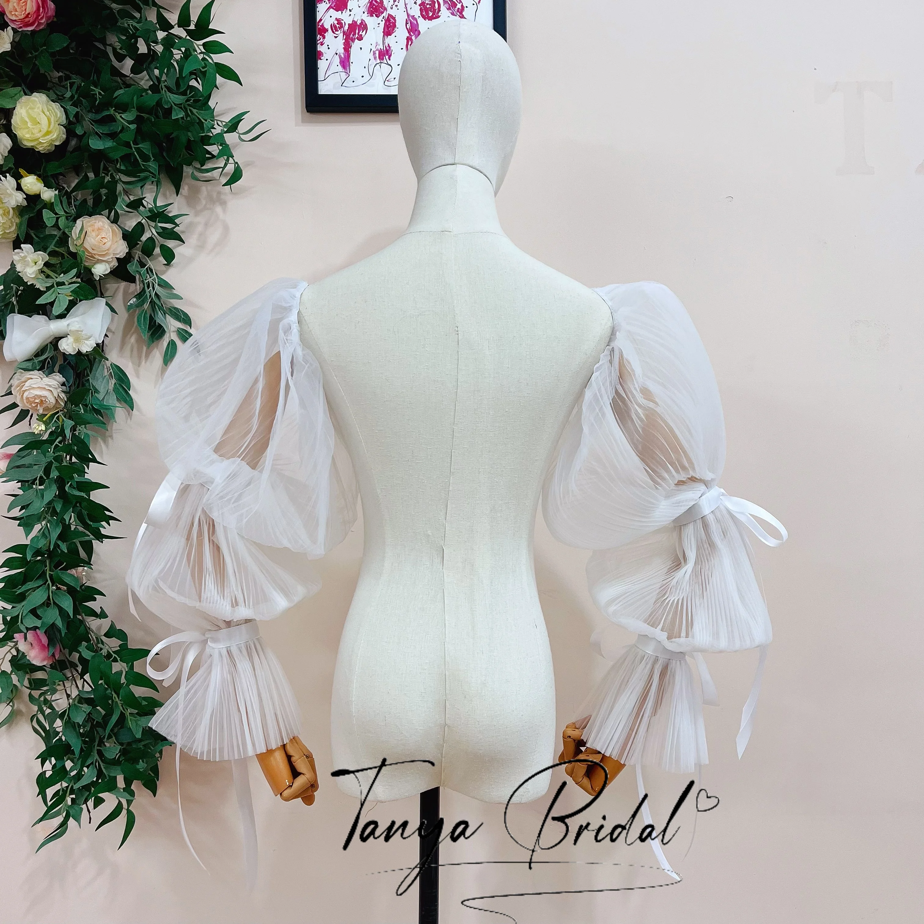 Detachable Long Puffy Tulle Wedding Dress Sleeves with Sash Removable Arm Cover Accessory for Prom Evening Party Wedding
