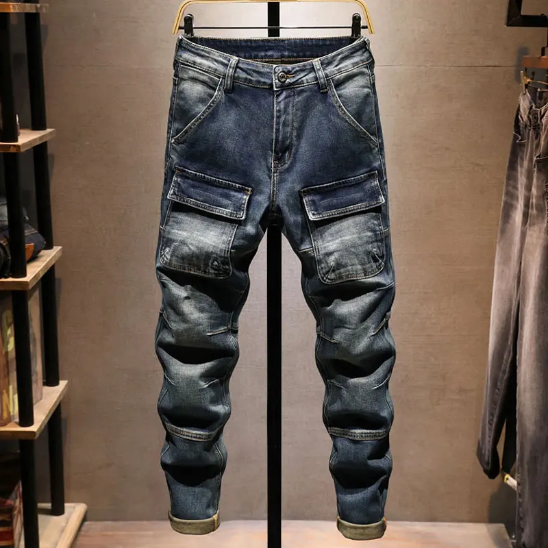 Y2k pantalones vaqueros nuevos italianos con bolsillos grandes, elásticos nostálgicos, corte ajustado, vaqueros azules pintados, pantalones de retales de calle alta, hombre