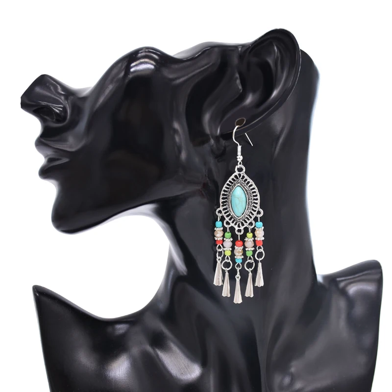 Woman Drop Earrings Beaded Lmitation Turquoise Ethnic Bohemia Vintage Tassel Earrings Party Gift Fashion Jewelry