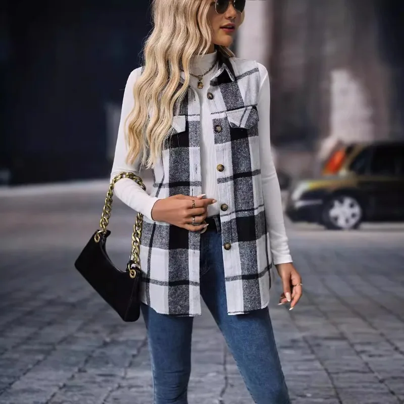 Mandylandy Fashion Plaid Sleeveless Vest Loose Coats Women Autumn Single Breasted Jackets Outwear Casual Streetwear Jackets