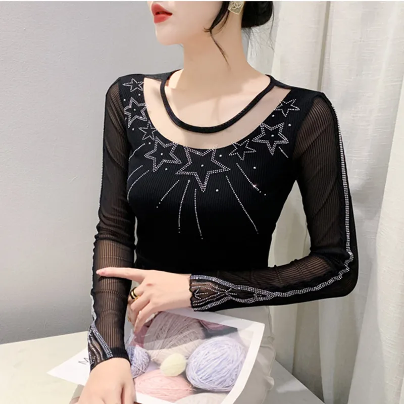 M-3XL New Autumn Chic Hollow Out Diamonds t-shirt da donna a maniche lunghe elegante Sexy o-collo Slim Shiny Mesh top Tees Blusas 2023