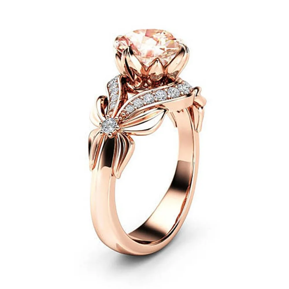 Creative Luxury Rose Gold Color Bowknot 5A Zircon Flower Rings for Women Romantic Bride Wedding Engagement Marriage Jewelry Gift