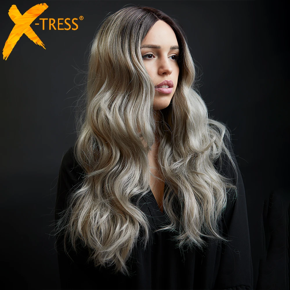 X-TRESS Ombre Grey Kleur Natuurlijke Golf Synthetische Lace Front Pruik Zwart Groen Medium Lengte Lace Pruik Voor Zwarte Vrouwen Warmte slip