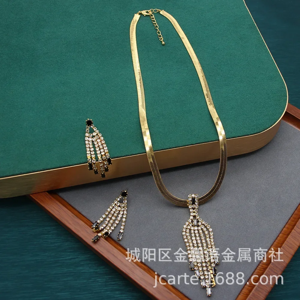 

European and American Tassel Braided Rhinestone Full Diamond Dress Accessories Necklace Earrings Set