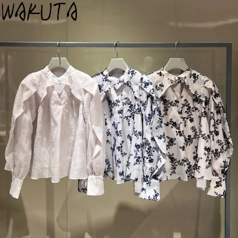 Wakuta Sweet V Neck Puff Sleeve Fresh Shirt Voile Floral Print Hollow Out Casual Blouses Japan Chiffon Elegant Pullover Blusas