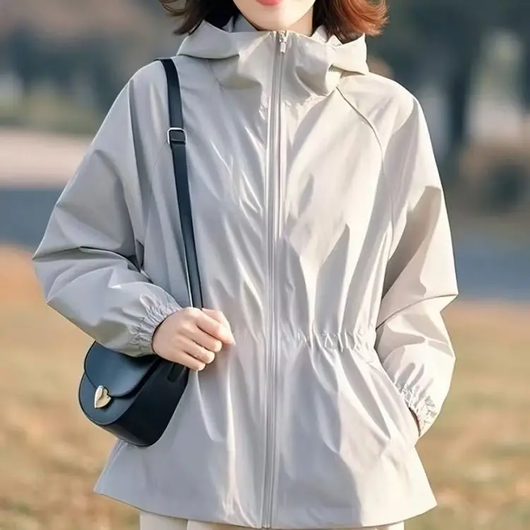 

Unique and beautiful Korean lazy gray-blue hooded jacket with waist and thin coat for women in early spring