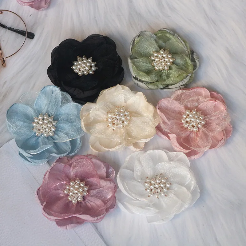 5PCS 7.5CM Chiffon Organza Fabric Rose Flower With Beads Center Wedding Dress Skirt Home Hat Decoration DIY Hair Accessories