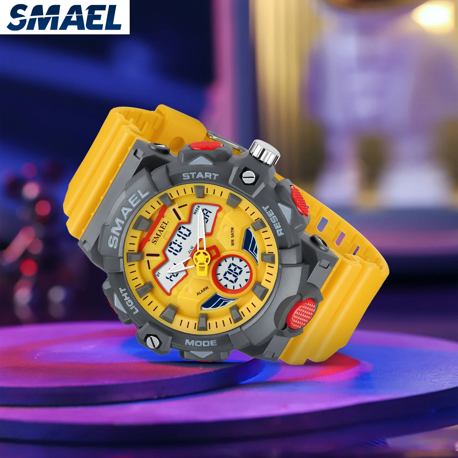 SMAEL-reloj deportivo de cuarzo para hombre, cronógrafo de Pulsera Original, resistente al agua hasta 50M, alarma 8085, color amarillo joven, envío