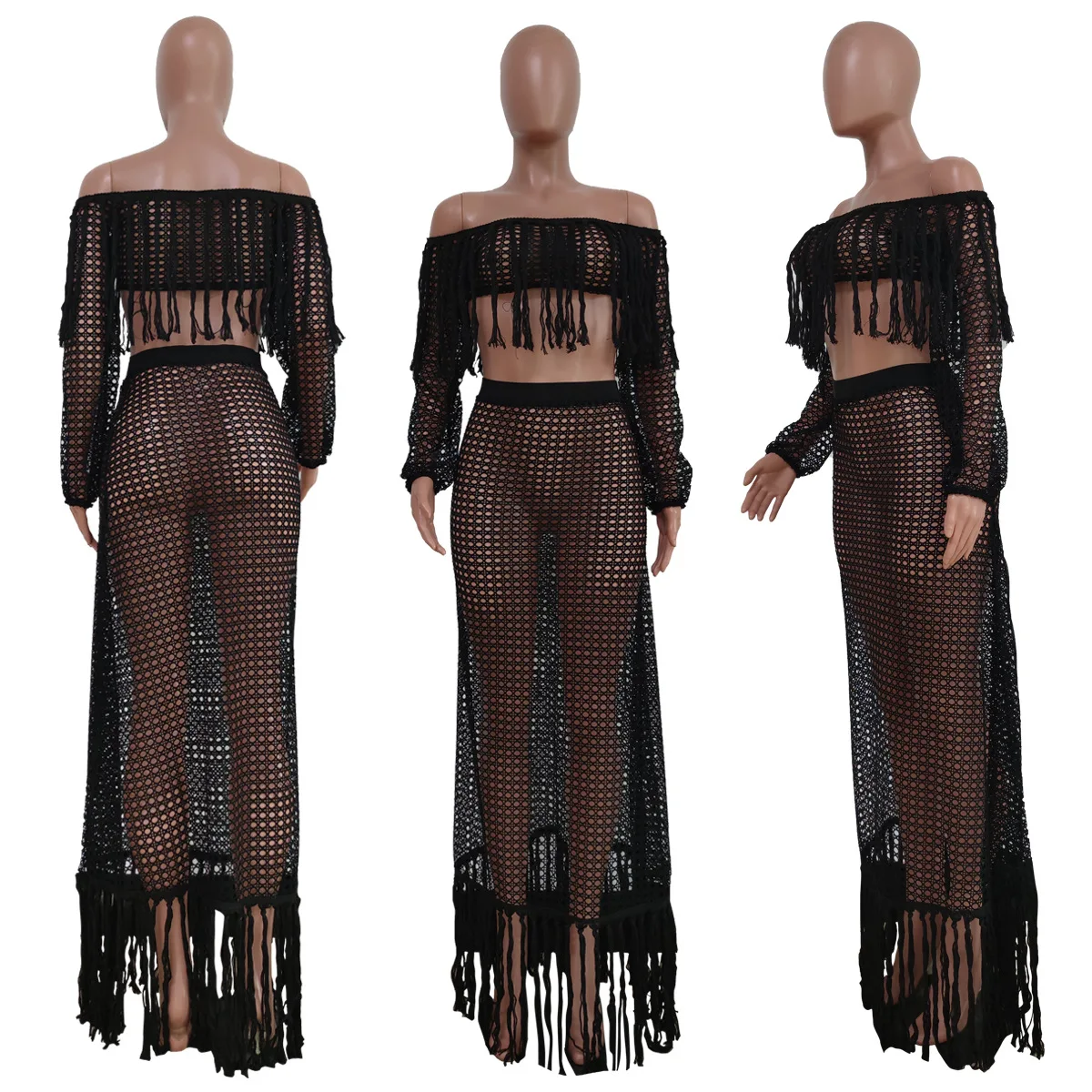 Sexy Bikini Cover-ups Set See-through Long Sleeve Crop Tops Floor-length Skirt Two Piece Swimwear Beach Women Suit