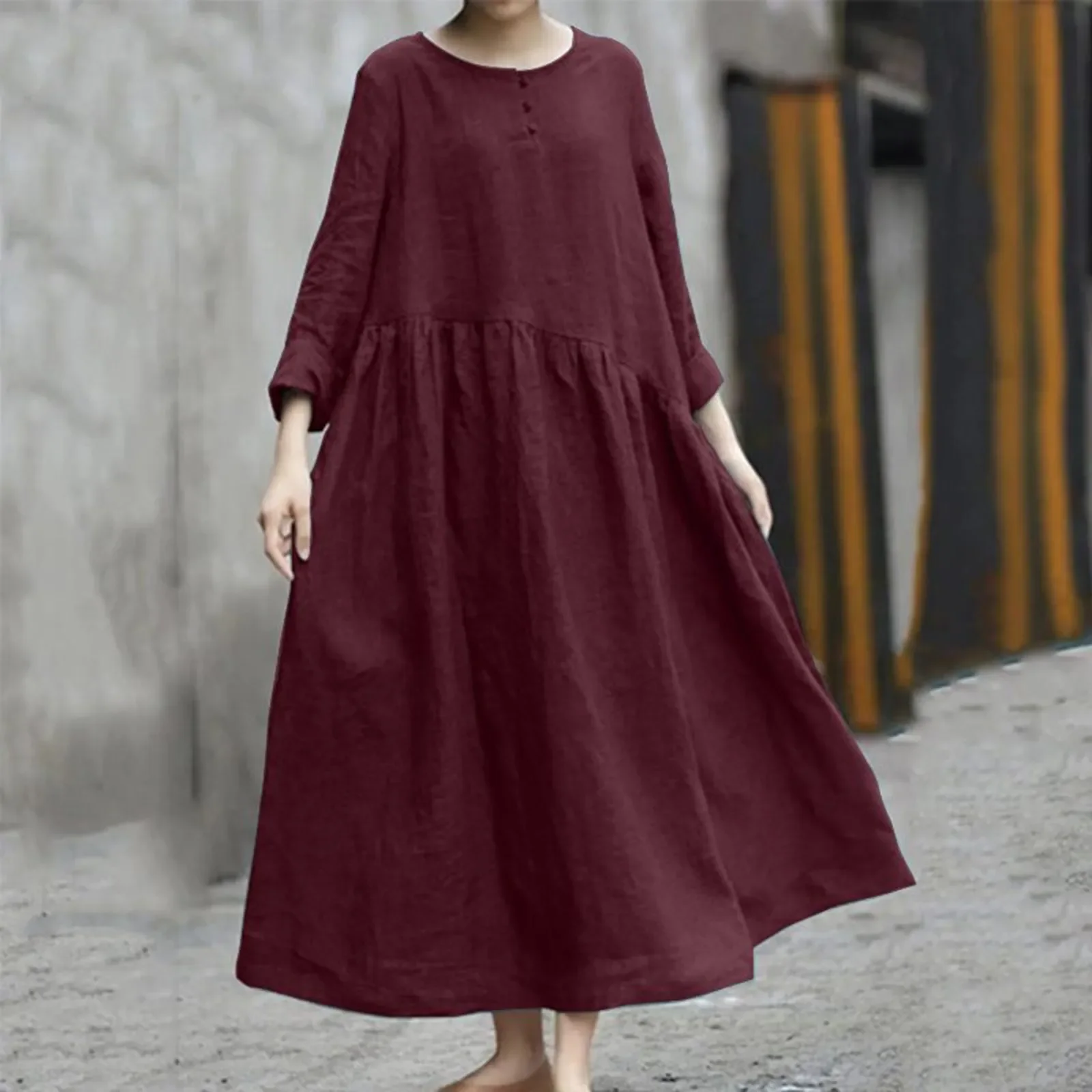 Vintage Jednokolorowe Bawełniane Sukienki Lniane dla Kobiet Luźne Guziki Kieszenie z Długim Rękawem Sukienka Boho Robe O Neck Femme Vestidos