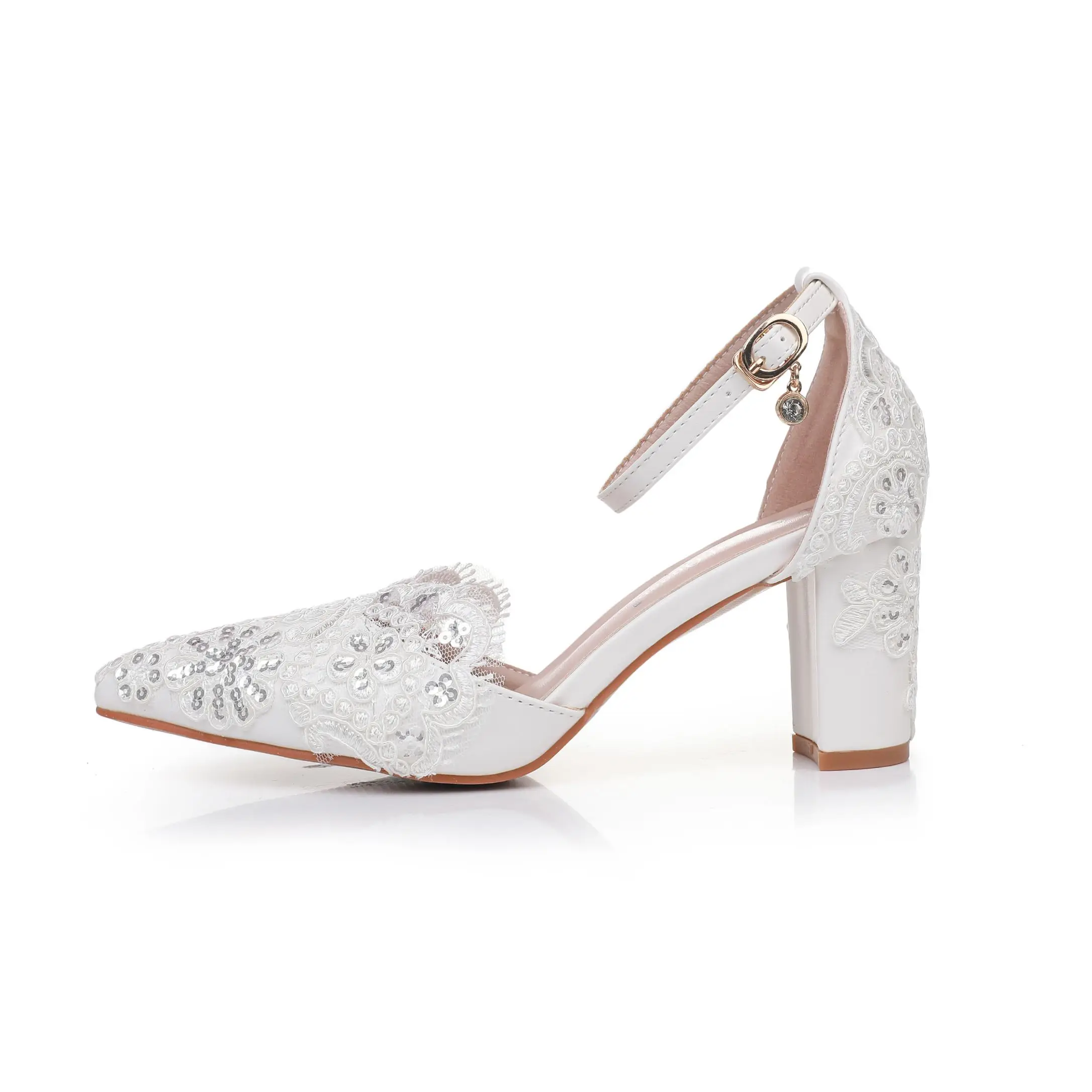 Women Flower Sandals Pointed Toe Pumps Dress Party Square High Heels White Lace Sequin Weding Shoes