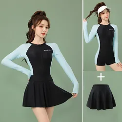 Women's One-piece Swimsuit with Skirt Long Sleeve Rashguard Boyshorts Bathing Suit Surfing Swimsuit Tummy Control Yoga Tracksuit