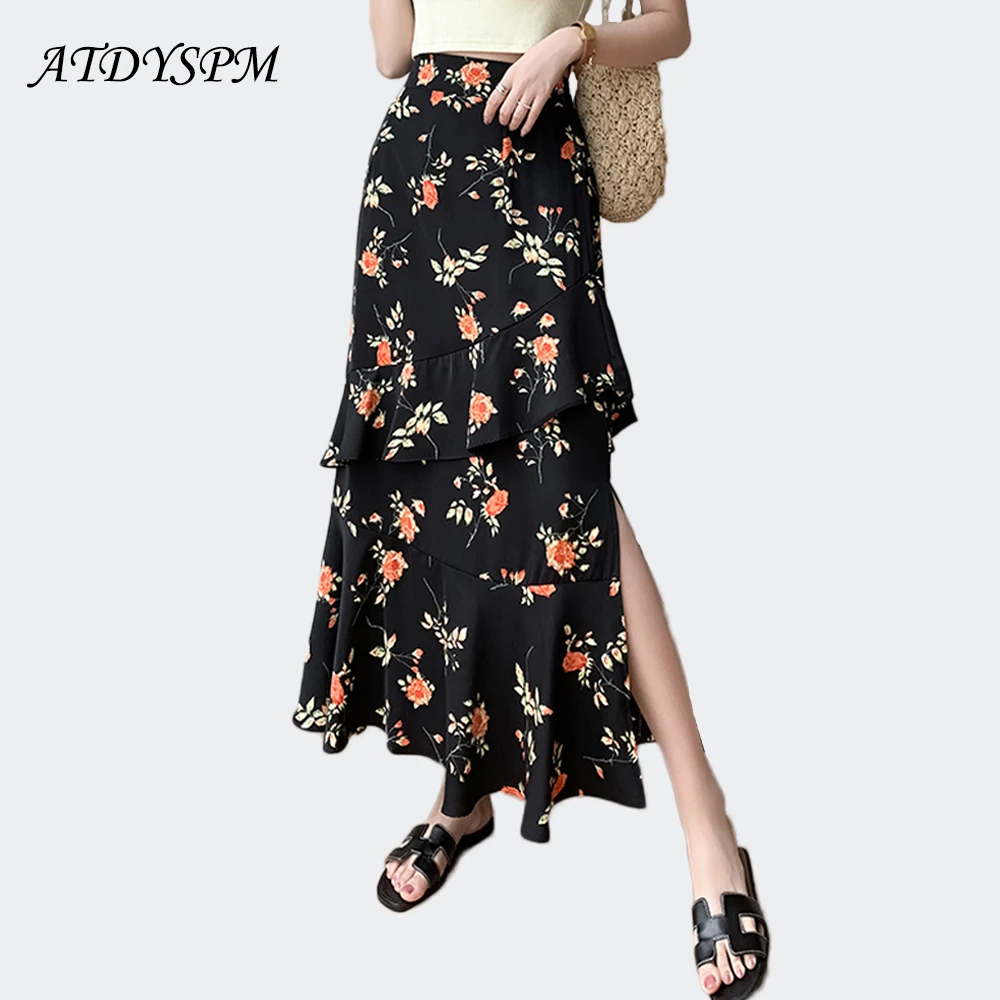 New Sexy Flower Printed Chiffon Skirts Women Fashion Split A-Line Long Skirts Spring Summer Elegant Casual Mermaid Skirt Femme