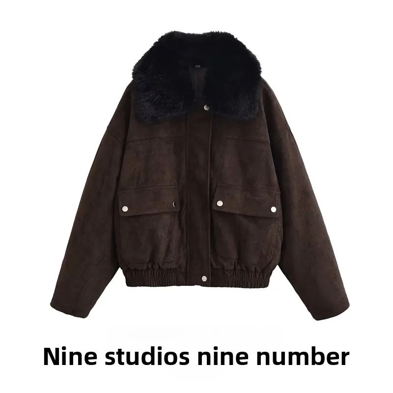 

Женская свободная хлопковая куртка Nine Zar с молнией и декоративными карманами, меховым воротником, длинными рукавами, зимняя верхняя одежда в европейском стиле