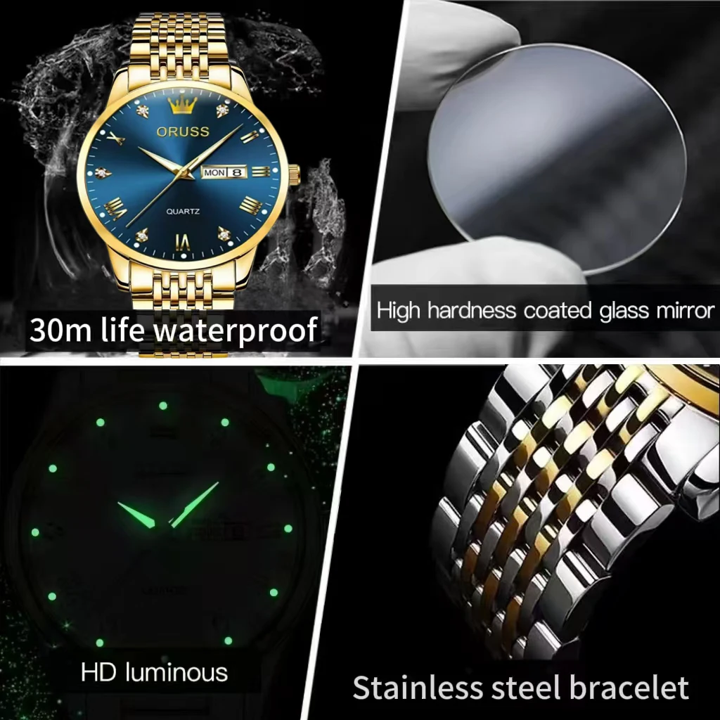 ORUSS оригинальные элитные роскошные мужские часы светящиеся часы для мужчин часы деловые наручные часы из нержавеющей стали водонепроницаемые кварты